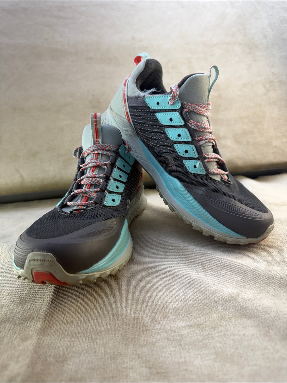 Saucony Women's Gray Trail Runners with Aqua and Coral Accents